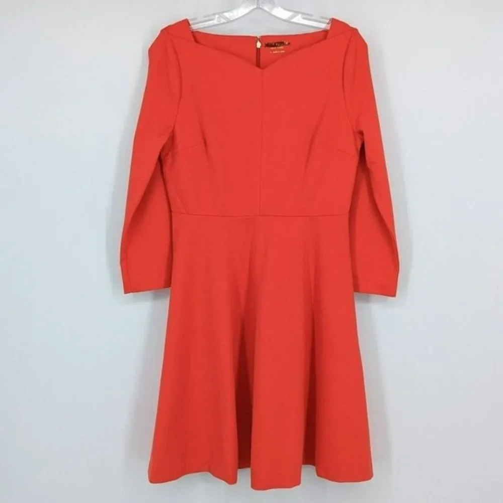 Kate Spade Fit & Flare Dress 6 Red 3/4 Sleeve Sweetheart Neck Stretch Ponte Knit